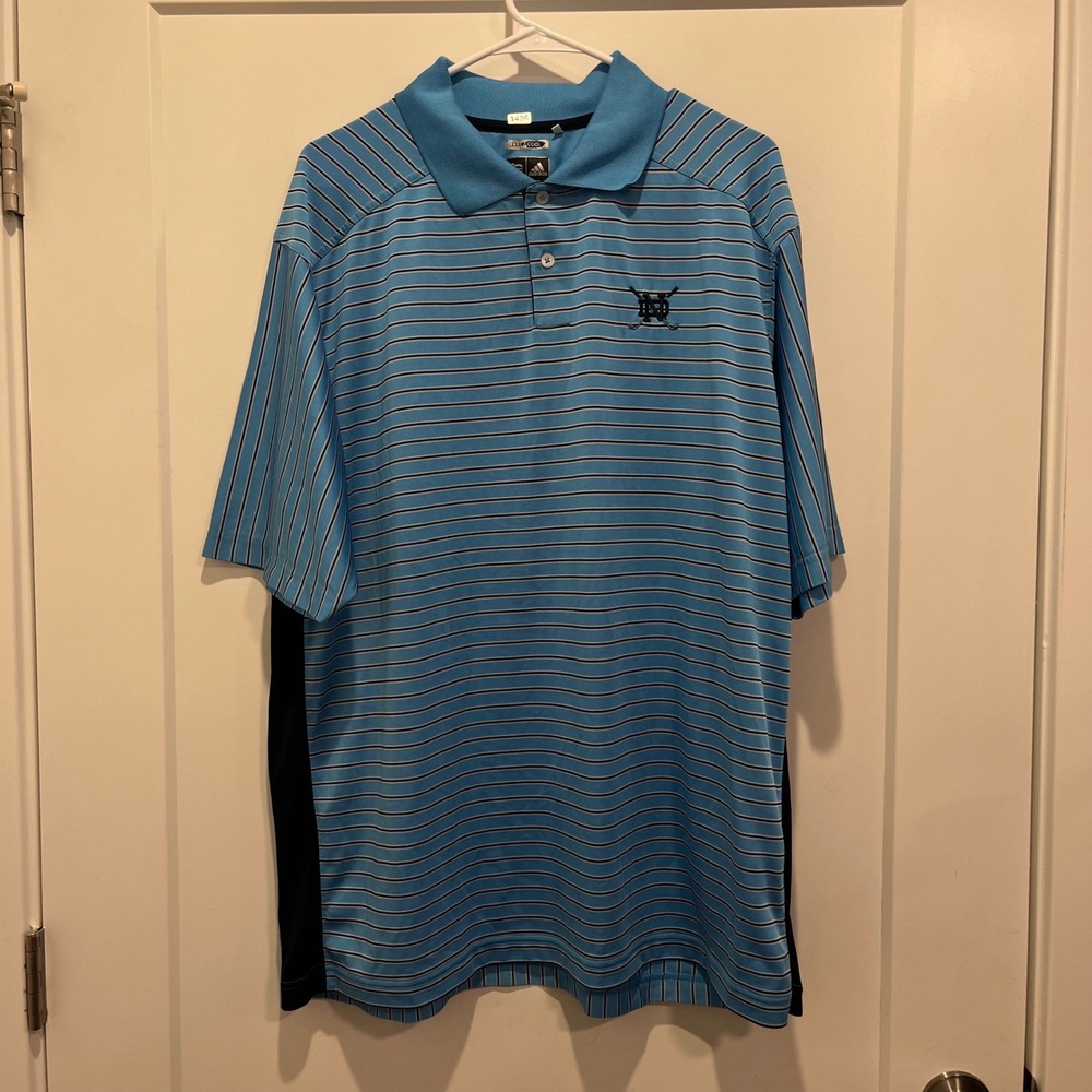 Adidas‎ ClimaCool Mens XL Blue Striped Golf Polo Shirt Short Sleeve RN 88387
